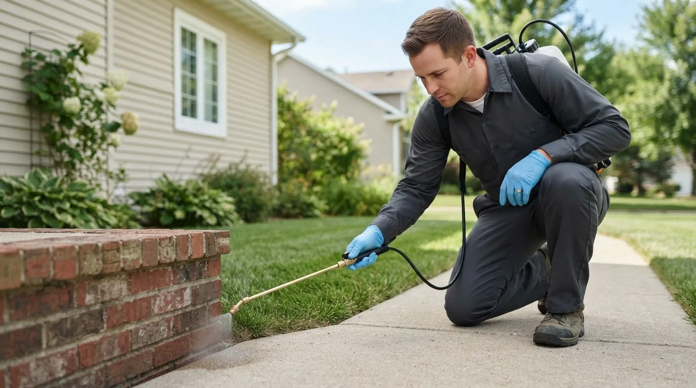Pest control technician treating a home near Newark, MO