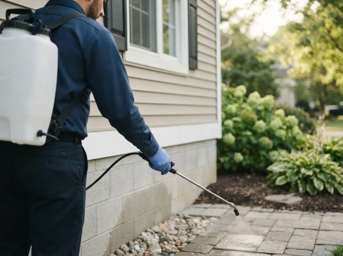 Pest control technician inspecting a home in Newark, MO